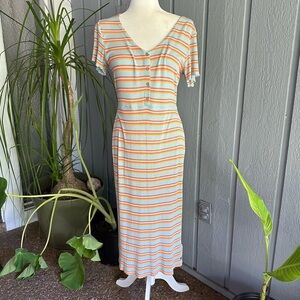 Roxy Juniors Bring It In Striped Dress Y2K Style Buttoned Midi Ribbed V Neck